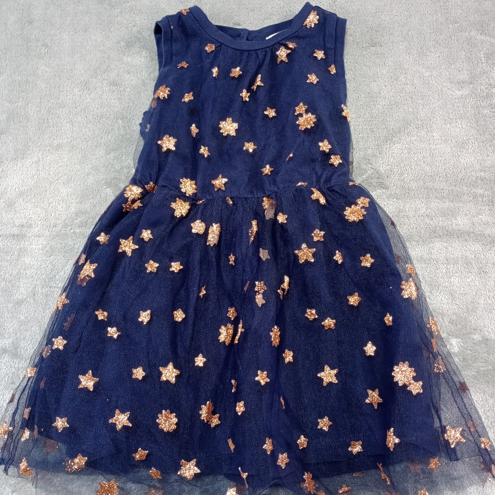 Crewcuts‎ J Crew Girls Dress Sz 2 Blue Tulle Overlay Glitter Stars Flowers Cute